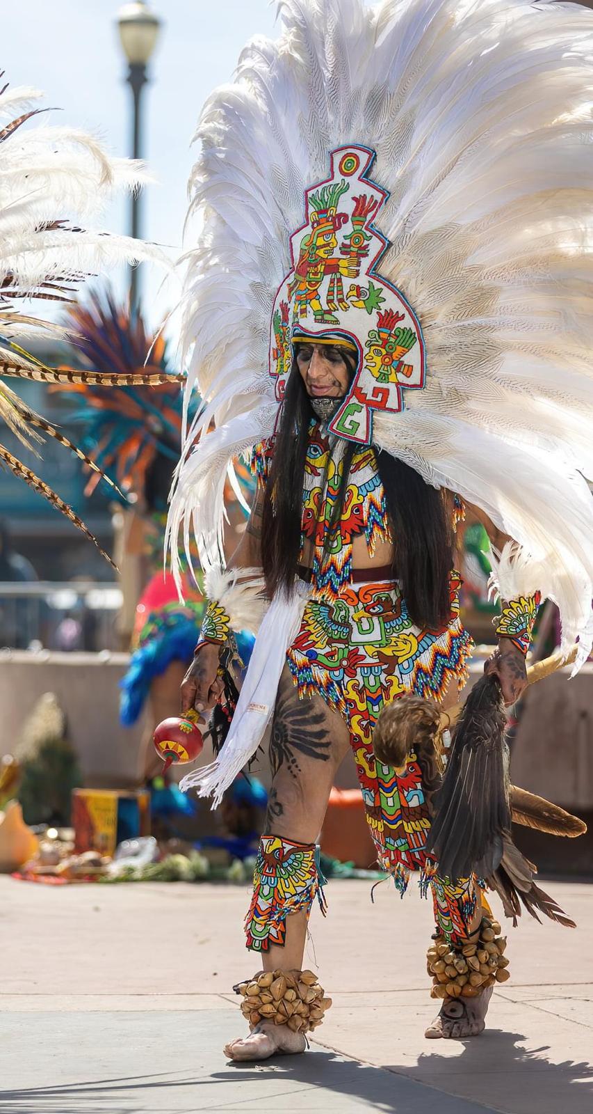 Dancer in white feathered headdress with colorful regalia and eagle