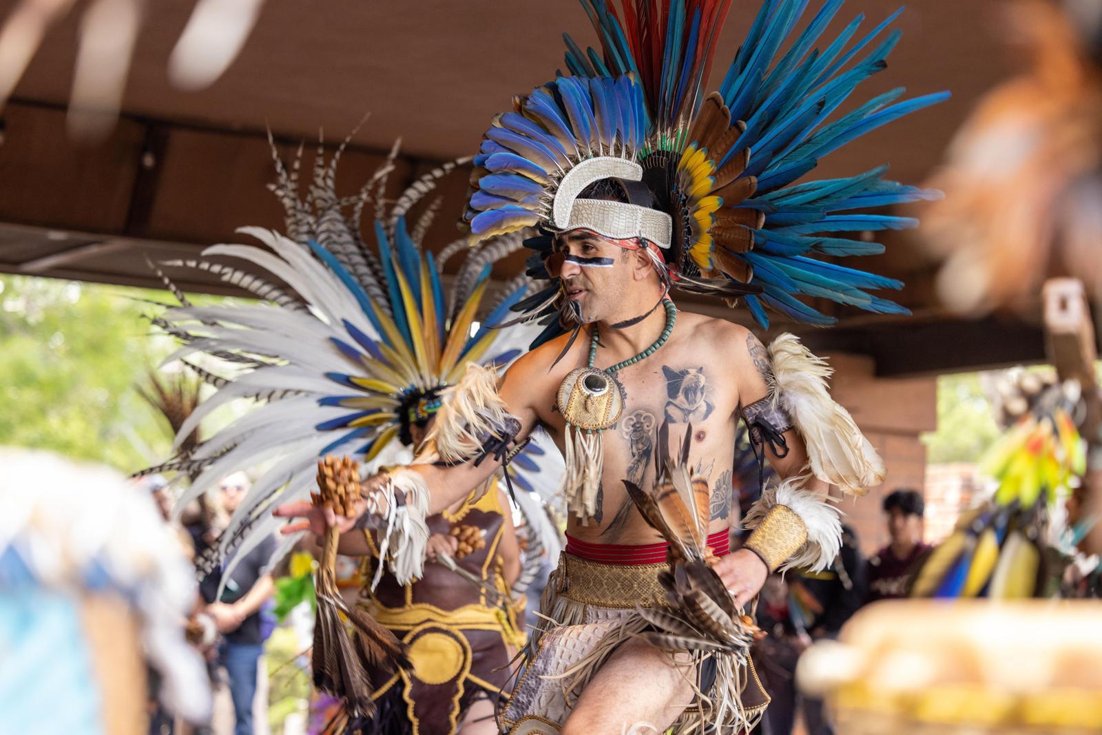 Aztec dancer in blue feathered headdress mid-performance